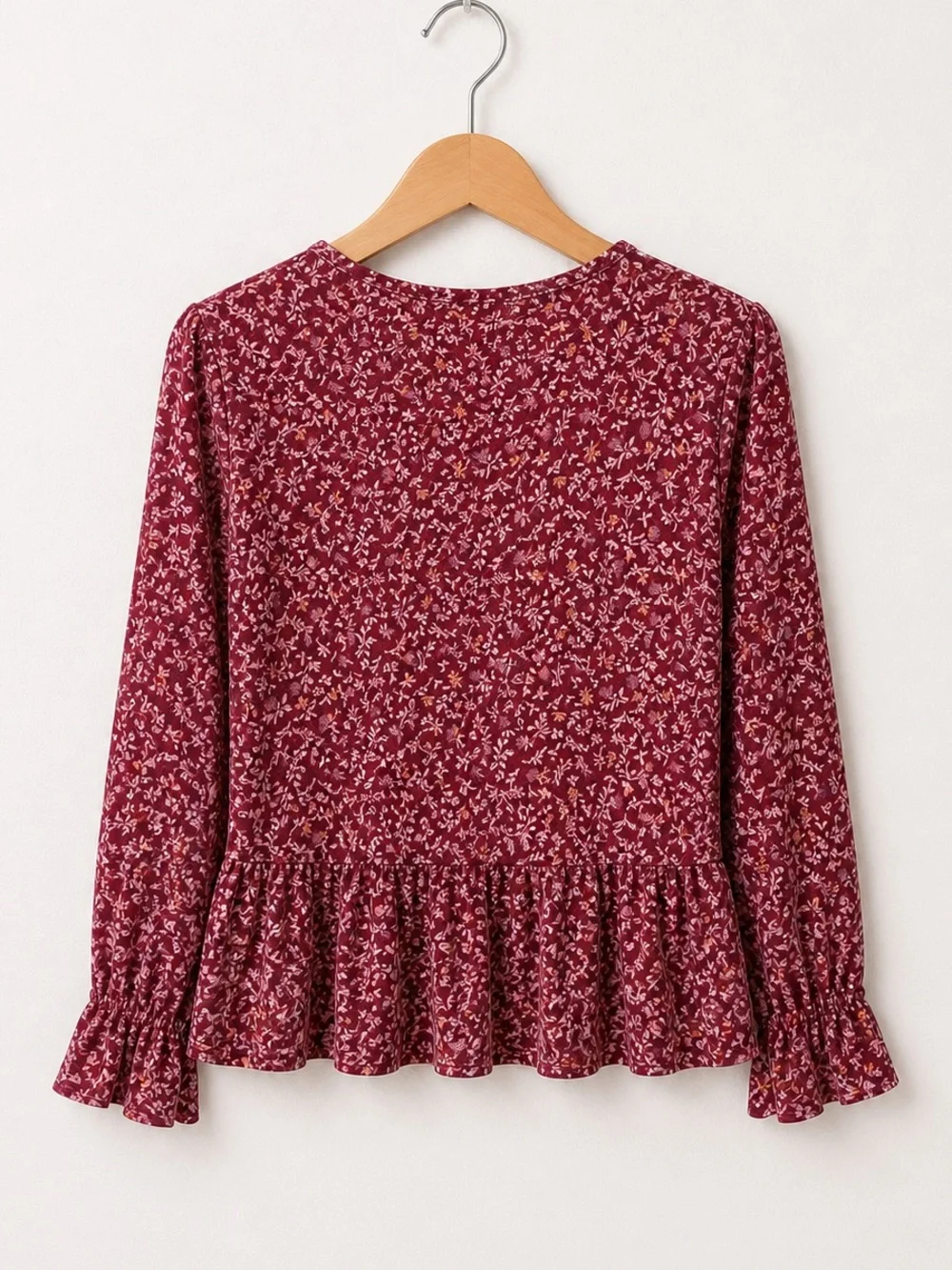 art class Burgundy And Pink Floral Long Ruffle Trim Sleeve Peplum Button Top